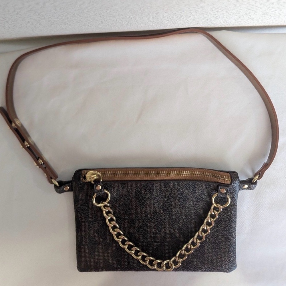 Michael Kors Monogram Chain Belt Bag Bum Bag Fanny Pack Small 554131 Brown Gold